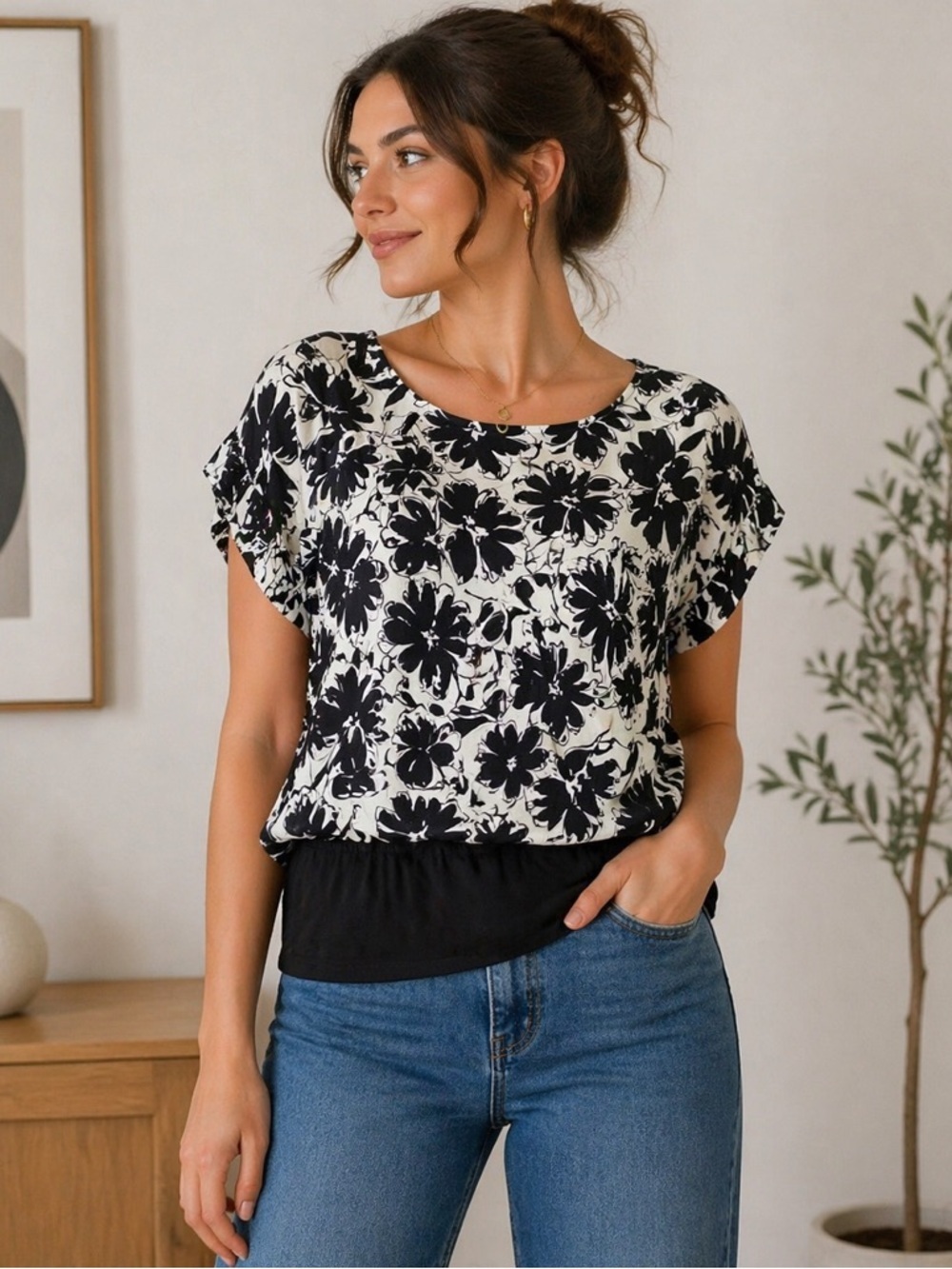 Vintage Y2K Judy Logan Black White Floral Blouson Top Elastic Hem Women’s Large
